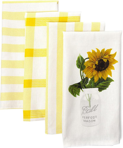 PERLLI Kitchen Dish Towels - Set of 4 Decorative 100% Cotton Towels | Yellow Lemon Print, 22.5 x 16 Inches
