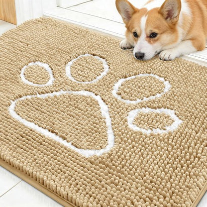 OLANLY Dog Door Mat for Muddy Paws 30x20, Paw Print Design, Absorbs Moisture and Dirt, Absorbent Non-Slip Washable Doormat, Quick Dry Chenille Mud Mat for Dogs, Entry Indoor Entryway Carpet, Beige