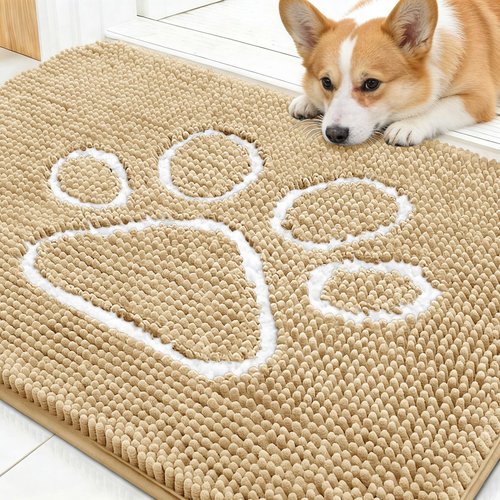 OLANLY Dog Door Mat for Muddy Paws 30x20, Paw Print Design, Absorbs Moisture and Dirt, Absorbent Non-Slip Washable Doormat, Quick Dry Chenille Mud Mat for Dogs, Entry Indoor Entryway Carpet, Beige