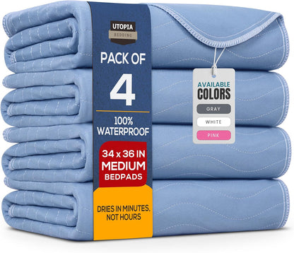 Utopia Bedding Waterproof Washable Underpads - Heavy Absorbency Bed Pads for Adults & Pets | 34" x 36" (Pack of 4) - Blue