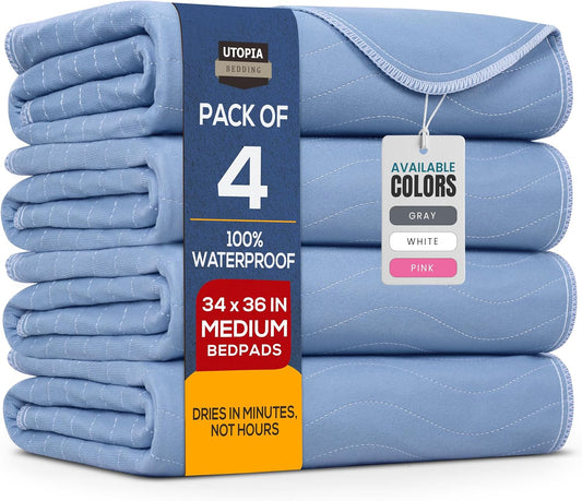 Utopia Bedding Waterproof Washable Underpads - Heavy Absorbency Bed Pads for Adults & Pets | 34" x 36" (Pack of 4) - Blue