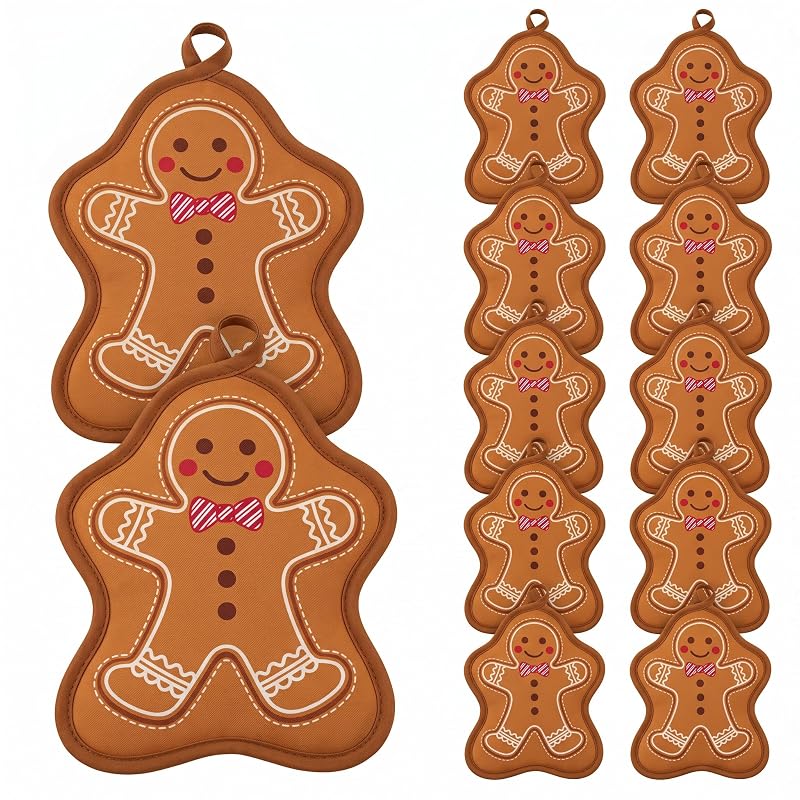 Willbond 12 Pcs Gingerbread Man Christmas Pot Holders, Red & Brown