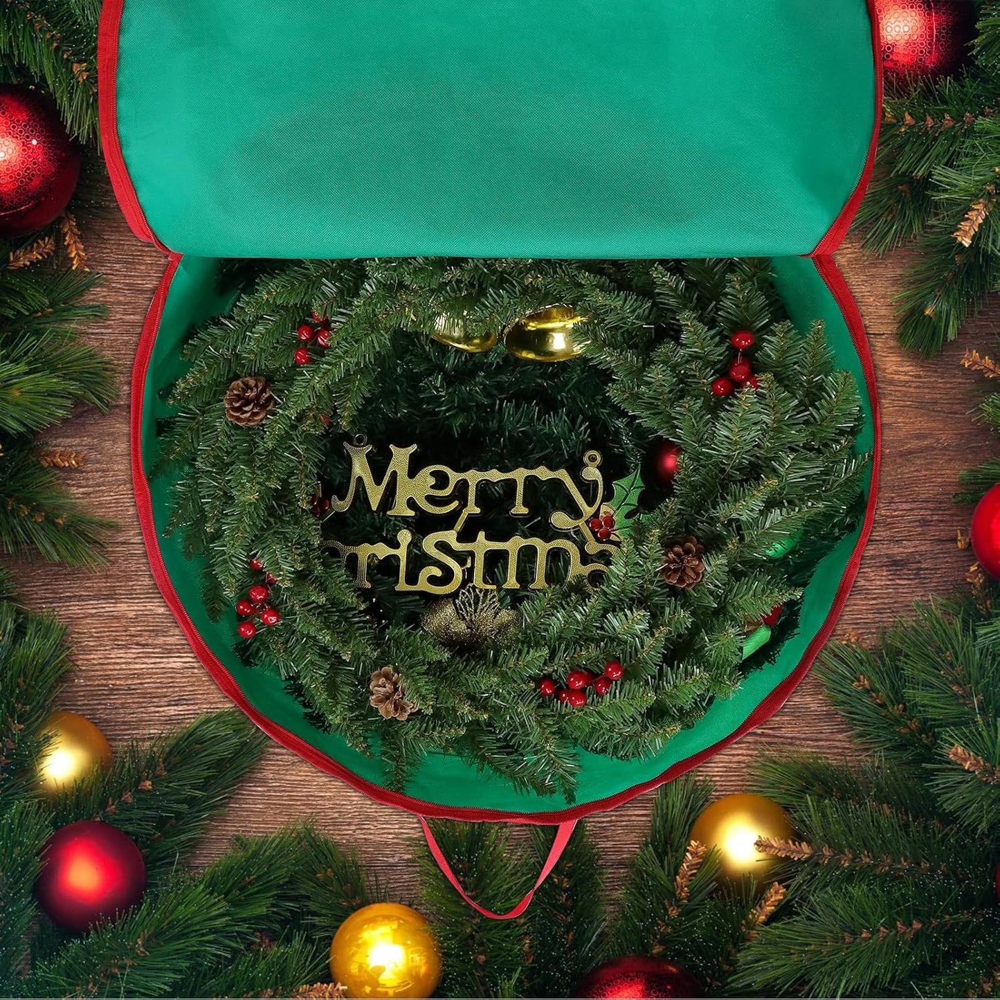 Regine Switzerland 24-Inch Christmas Wreath Storage Bag - Durable Double Zipper & Card Slot - Green