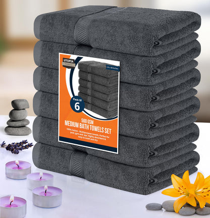 Utopia Towels 6 Pack Medium Bath Towel Set, 24 by 48 Inches, 500 GSM 100% Ring Spun Cotton, Lightweight and Highly Absorbent Quick Drying Premium Towels for Hotel, Spa and Bathroom, Grey