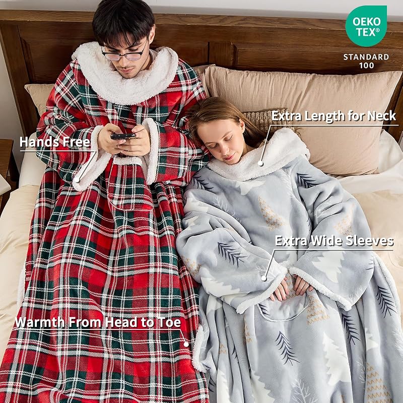 Wearable Blanket with Sleeves - Oversized Snuggle Robe with Christmas Tree Design - 53" x 69"