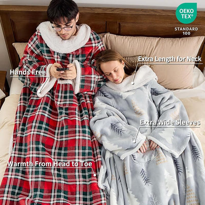 Wearable Blanket with Sleeves - Oversized Snuggle Robe with Christmas Tree Design - 53" x 69"