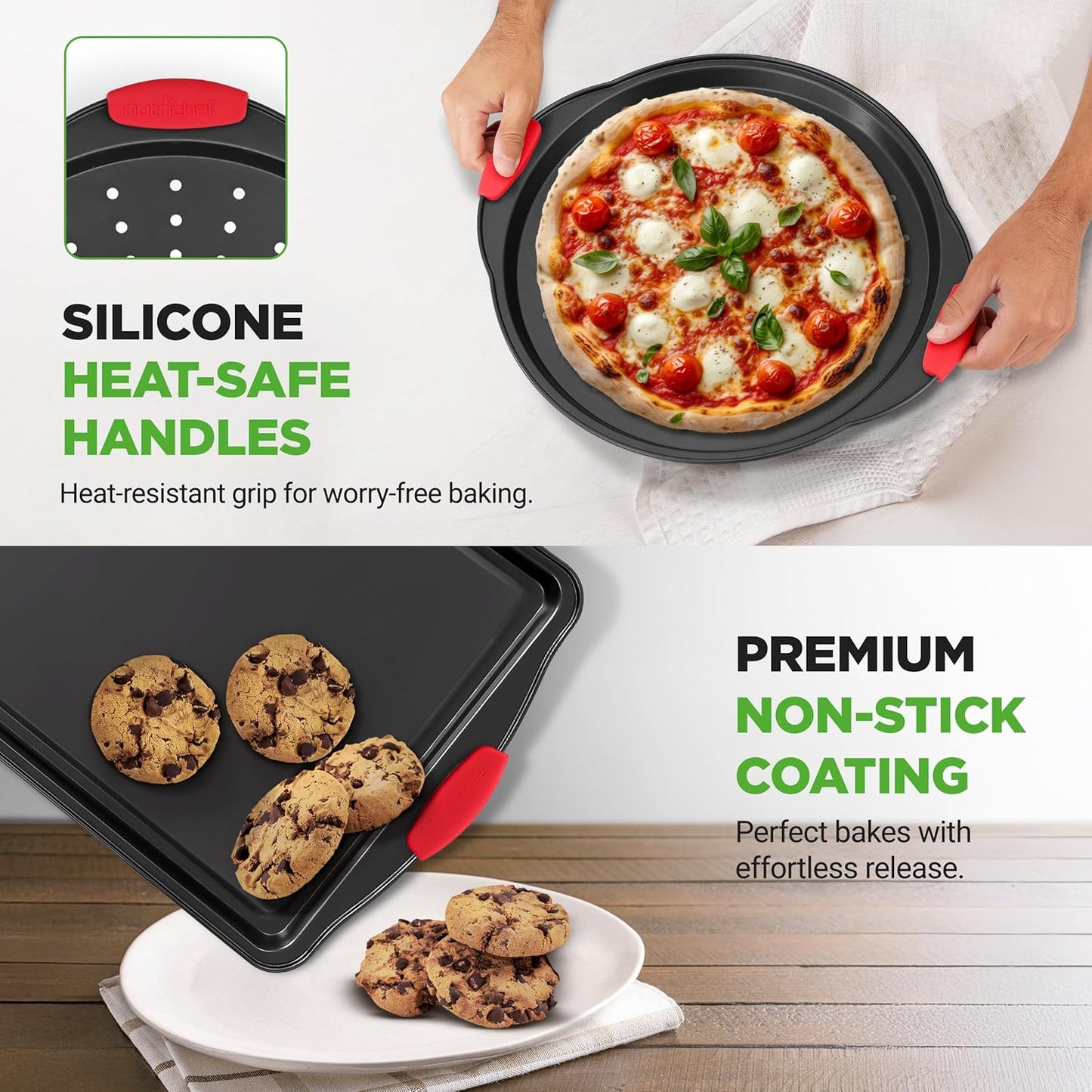 NutriChef Non-Stick Baking Pans Set - Deluxe Commercial Grade Bakeware with Red Silicone Handles | 8 Pieces, Stylish Gray Coating