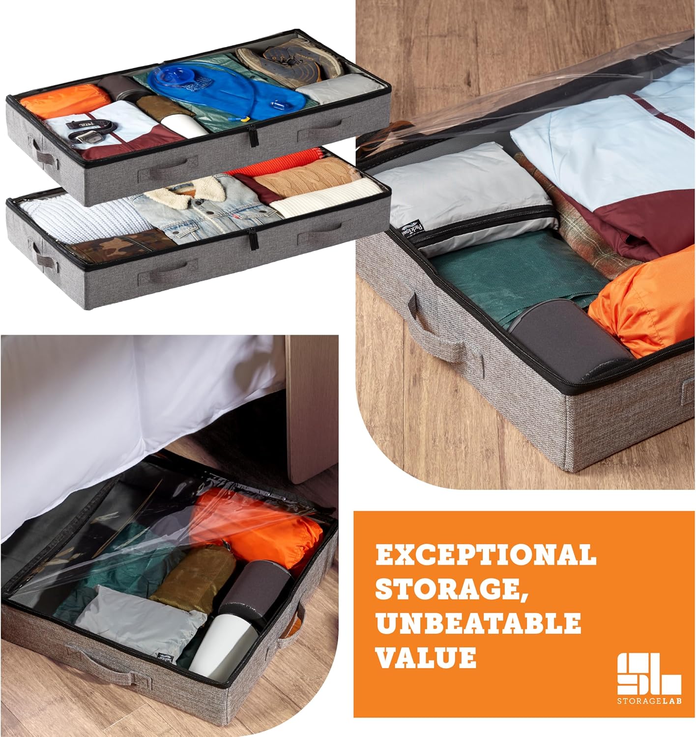 storageLAB Under Bed Storage Containers - Low Profile Organizers with Dual Zippers & Clear Windows | 2 Pack, Gray