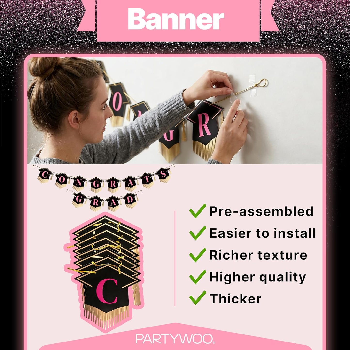 PartyWoo Graduation Banner - Class of 2026 Black Pink Gold Decorations | 2-Piece Set for Middle & High School Celebrations