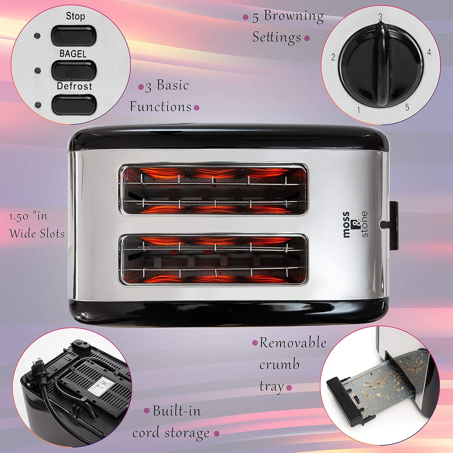Moss & Stone 2-Slice Toaster - Extra-Wide 1.5-Inch Slots & 5 Shade Settings | Removable Crumb Tray, Black