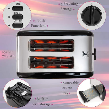 Moss & Stone 2-Slice Toaster - Extra-Wide 1.5-Inch Slots & 5 Shade Settings | Removable Crumb Tray, Black