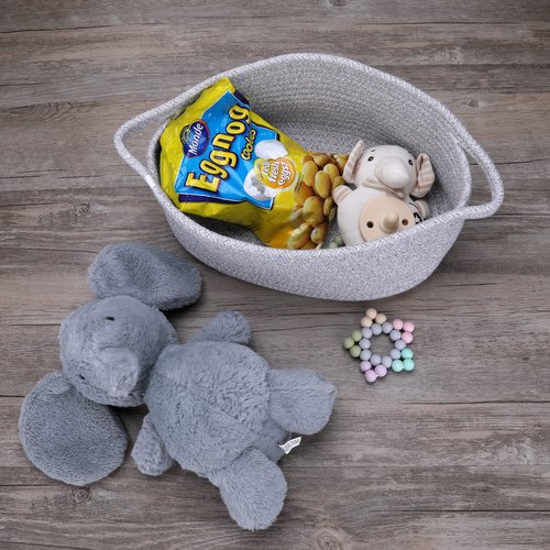 XUANGUO Small Woven Basket Cute Oval Cotton Rope Gifts Basket with Handle Empty Baby Wicker Storage Baskets Nursery Box Bin Kids Organizer Cat Dog Toy Baskets Easter Baskets Grey