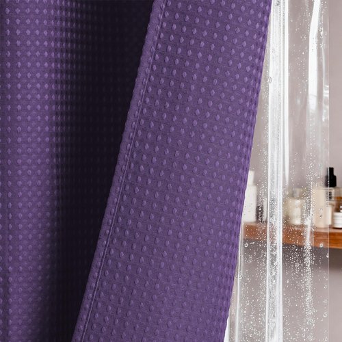 Dynamene Extra Long Shower Curtain and Liner Set - 84 inch Tall Waffle Fabric, Waterproof Clear Liner, Heavy Duty Weighted Hotel Luxury Cloth Shower Curtains for Bathroom with 12 Hooks, 72x84, Purple