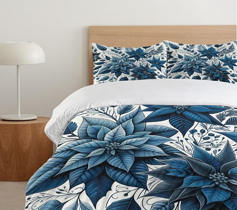 Ambesonne Night Blue Duvet Cover Set with Monochrome Poinsettia Flowers - Queen, 3-Piece