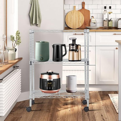BestOffice 3-Tier Wire Storage Shelves with Wheels - Adjustable Heavy-Duty Metal Rack | Chrome Finish | 23x13x31 | Holds Up to 170 lbs | Easy No-Tool Assembly for Home & Garage