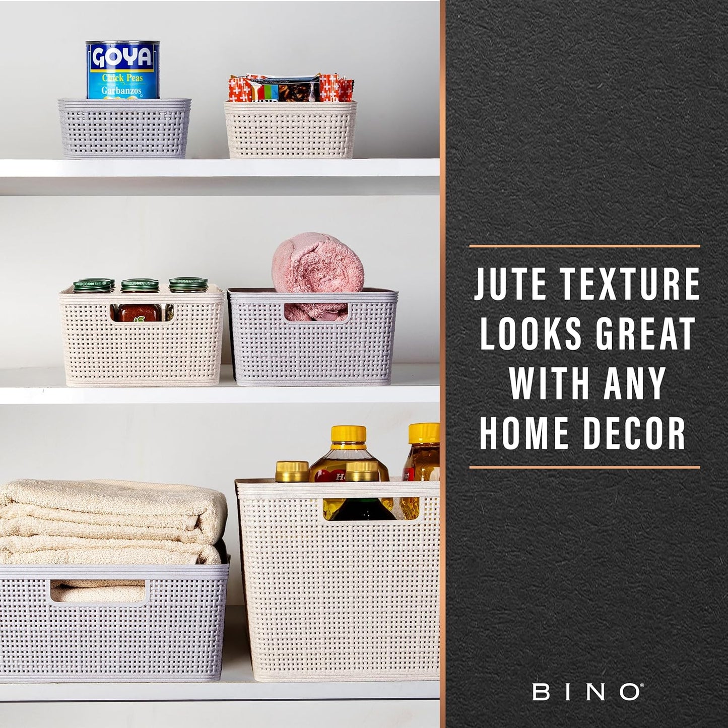 BINO Woven Plastic Basket - Stylish Home Organization | XS Natural Grey, 5-Pack | Jute Collection