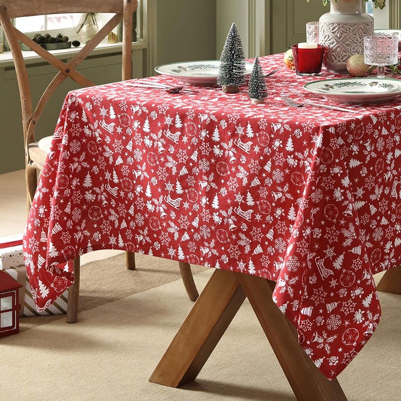 Red 52 x 70 Inch Cotton Blend Tablecloth with Bell & Snowflake Pattern - Holiday Decor
