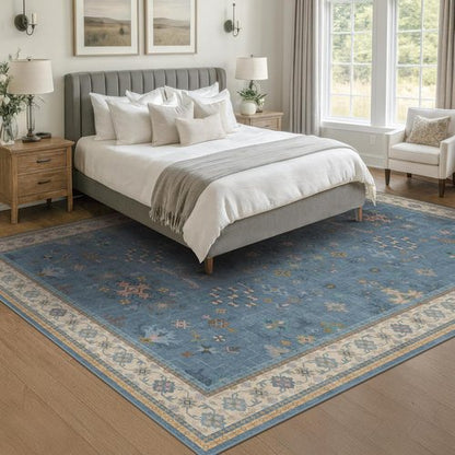 Boho 7x9 Living Room Rug - Modern Dark Blue Lightweight Washable Carpet for Dining & Bedroom Décor