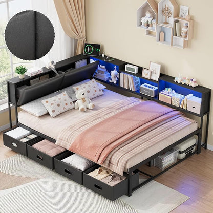 Full Corner Bed Frame with 4 Storage Drawers, Hidden Headboard, USB Charging & LED Lights – Matte Black