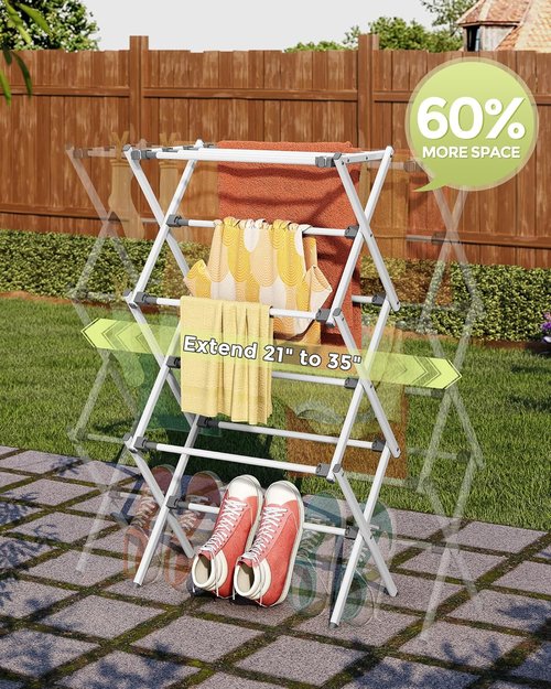 APEXCHASER 3-Tier Metal Drying Rack - Collapsible & Expandable Laundry Airer for Indoor/Outdoor Use | White