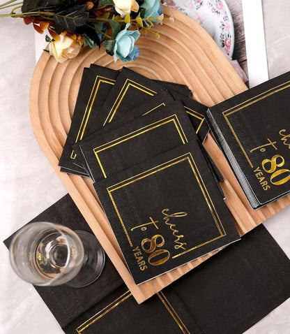 Cheers to Years Cocktail Napkins - 50 Pack 3-Ply Disposable Birthday & Anniversary Napkins | Black & Gold 5x5 Inches