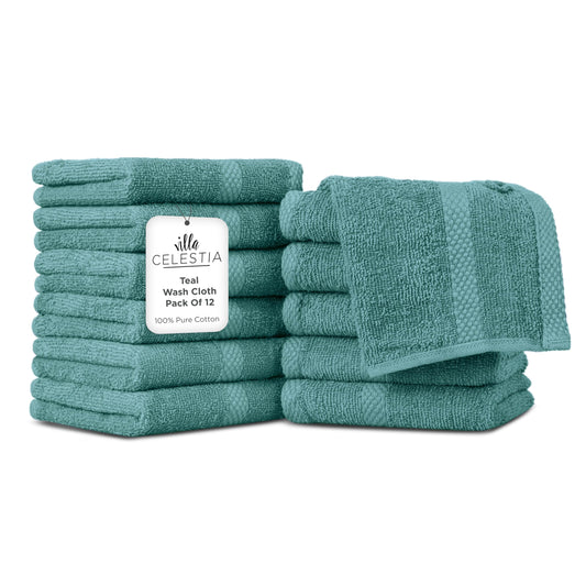 Villa Celestia 100% Cotton Wash Cloth for face & Body Set of 12, (12 x 12 inches) Sustainable, Soft, Highly Absorbent, Combed Cotton Wash Cloths Pack of 12 for Hotels, Spa, Bathroom, Dorm, Teal