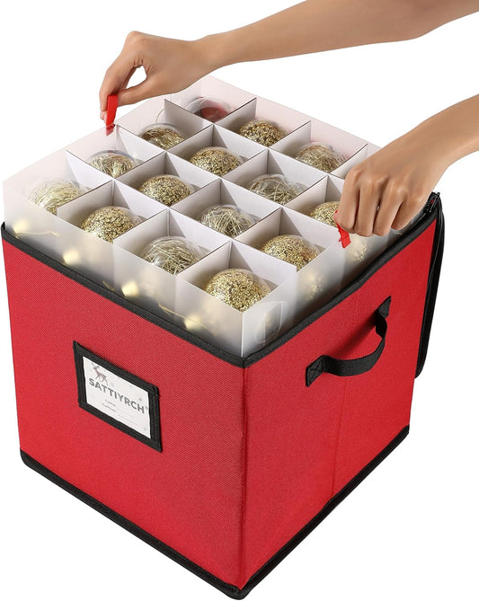 Sattiyrch Christmas Ornament Storage Box - Dust-Proof Canvas with 4 Trays & Customizable Dividers | Holds 64 Ornaments