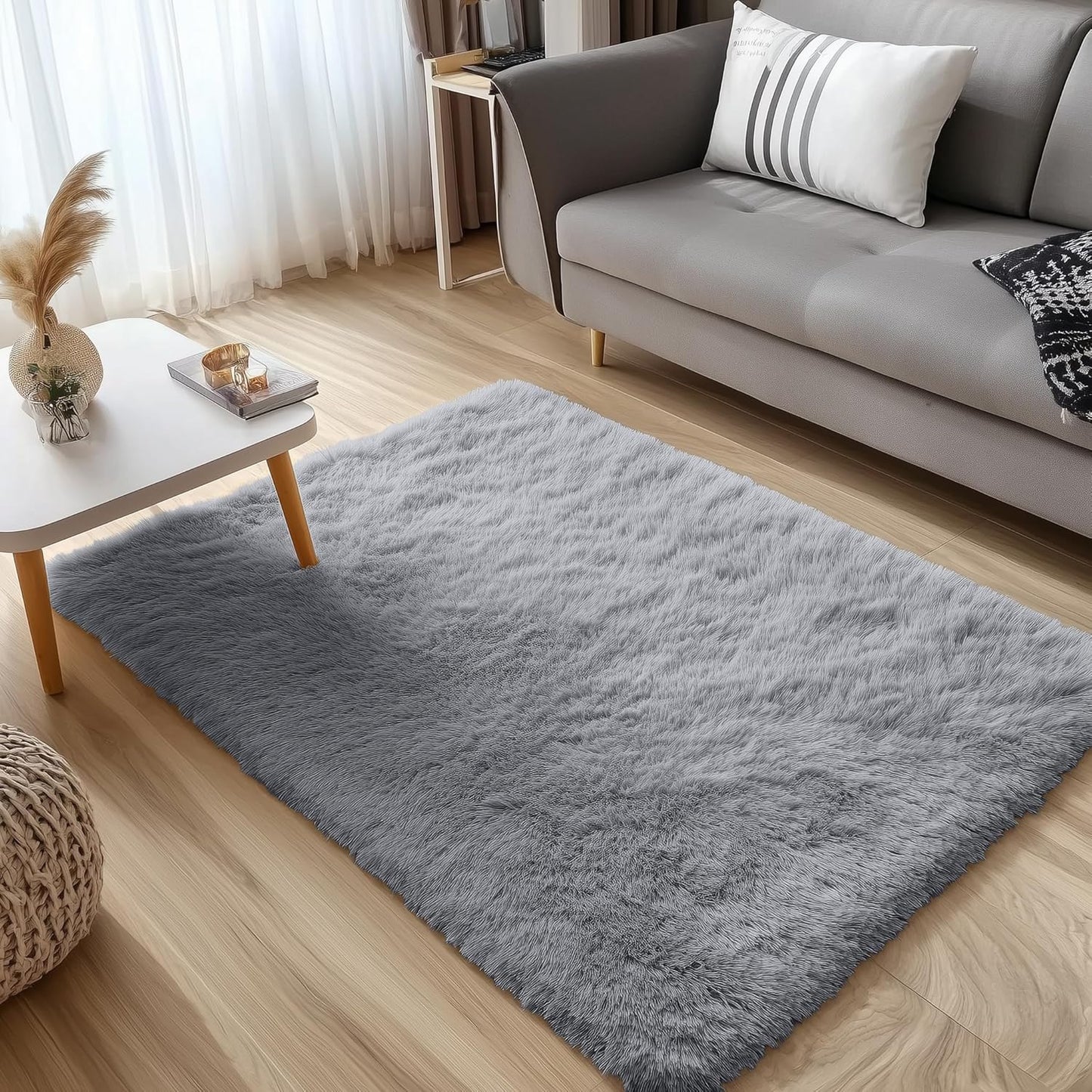 OLANLY Small Bedside Rug - Soft Fluffy Shaggy Carpet for Living Room & Bedroom | Light Grey 3x5 ft