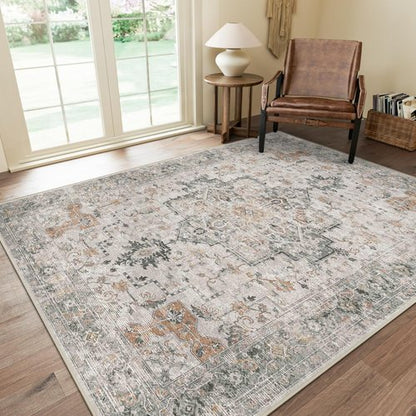 GENIMO 5X7 Area Rug - Machine Washable Non-Slip Vintage Chenille Print for Living Room & Bedroom - Light Taupe Brown