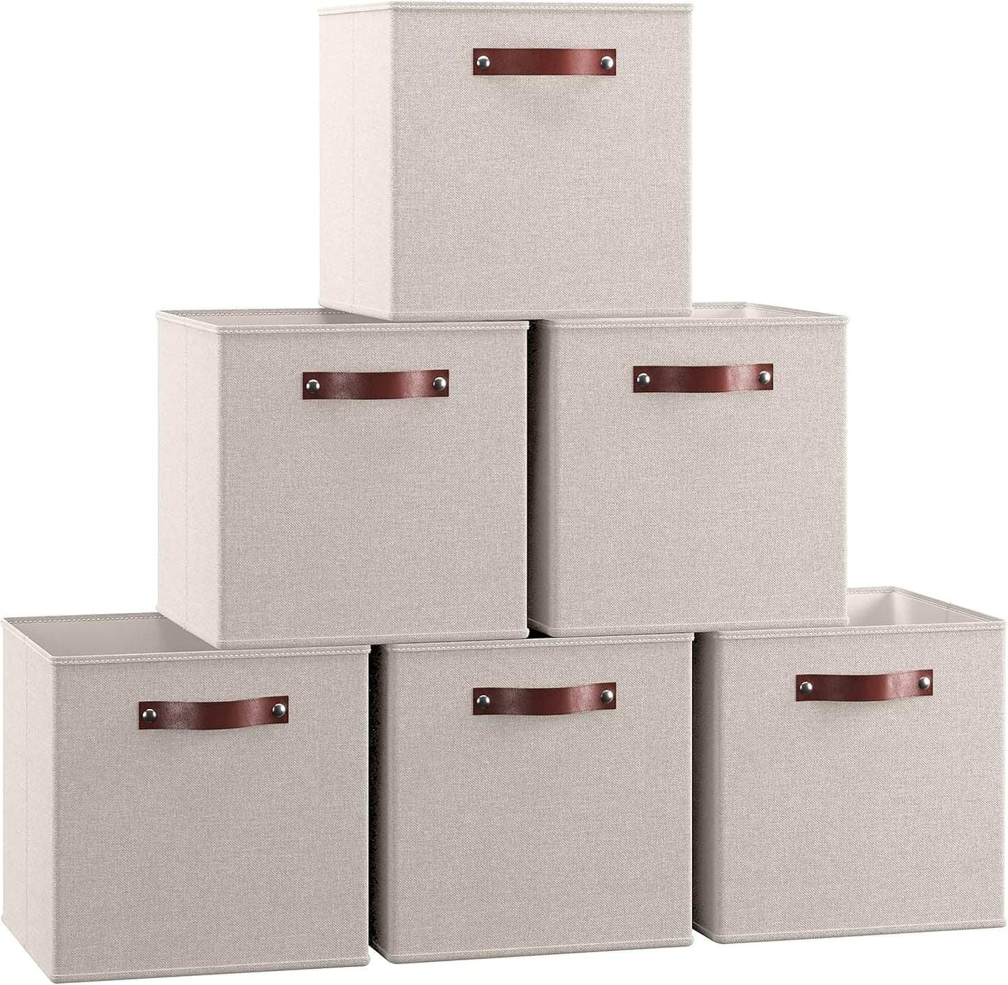 Ornavo Home Storage Cube Bins - Foldable Fabric Organizer with Leather Handles | 11x11, Beige, 6 Pack