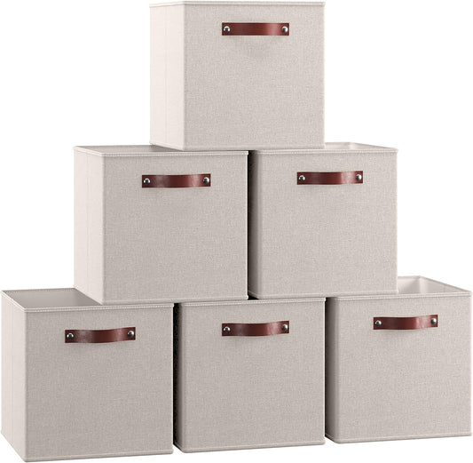 Ornavo Home Storage Cube Bins - Foldable Fabric Organizer with Leather Handles | 11x11, Beige, 6 Pack