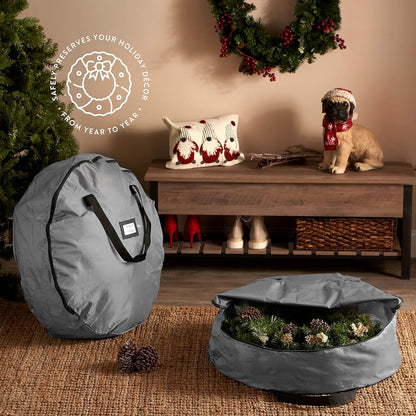 ZOBER 24-Inch Oxford Christmas Wreath Storage Container - Waterproof Dual Zipper Bag with Durable Handles - Gray