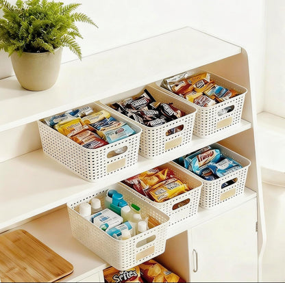 Skiennix Storage Bins - Stackable Plastic Baskets with Bamboo Lids | 6-Pack Pantry Organizer, 10x7.1x4.1in