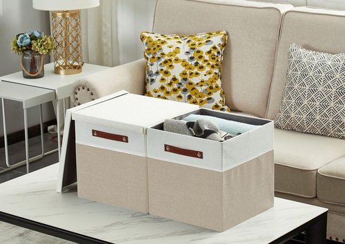 DECOMOMO Storage Basket - Fabric Box with Lid & Handles | Beige and White, 11” | 3 Pack
