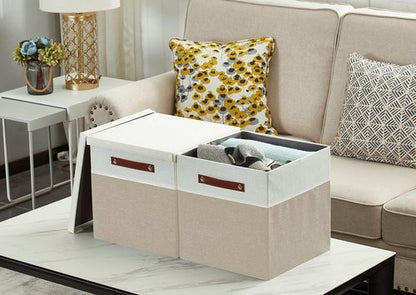 DECOMOMO Storage Basket - Fabric Box with Lid & Handles | Beige and White, 11” | 3 Pack