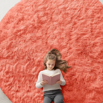 OLANLY Coral Red Round Rugs for Bedroom - Machine Washable, 9 ft Circle Area Rugs for Living Room, Soft and Fluffy Shaggy Carpet for Teen Girl and Boys, Nursery Rooms, Dorms, Home Decor Aesthetic
