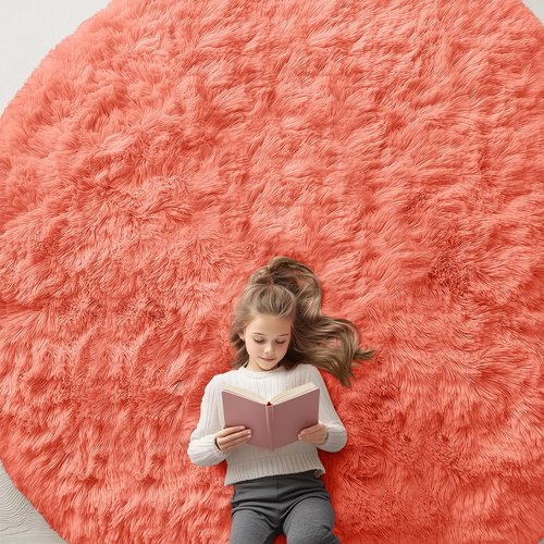 OLANLY Coral Red Round Rugs for Bedroom - Machine Washable, 9 ft Circle Area Rugs for Living Room, Soft and Fluffy Shaggy Carpet for Teen Girl and Boys, Nursery Rooms, Dorms, Home Decor Aesthetic