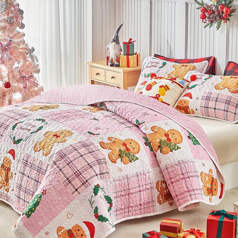 Queen Christmas Quilt Set Pink Plaid Patchwork with Gingerbread Man & Trees - Reversible Gingham Design, 100% Microfiber