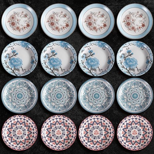 Artena Pasta Bowls Set - 20oz Porcelain Salad Bowls | 8 Inch Colorful Dinner Plates in Blue Peony