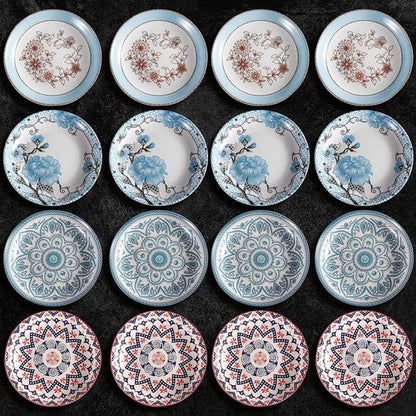 Artena Pasta Bowls Set - 20oz Porcelain Salad Bowls | 8 Inch Colorful Dinner Plates in Blue Peony
