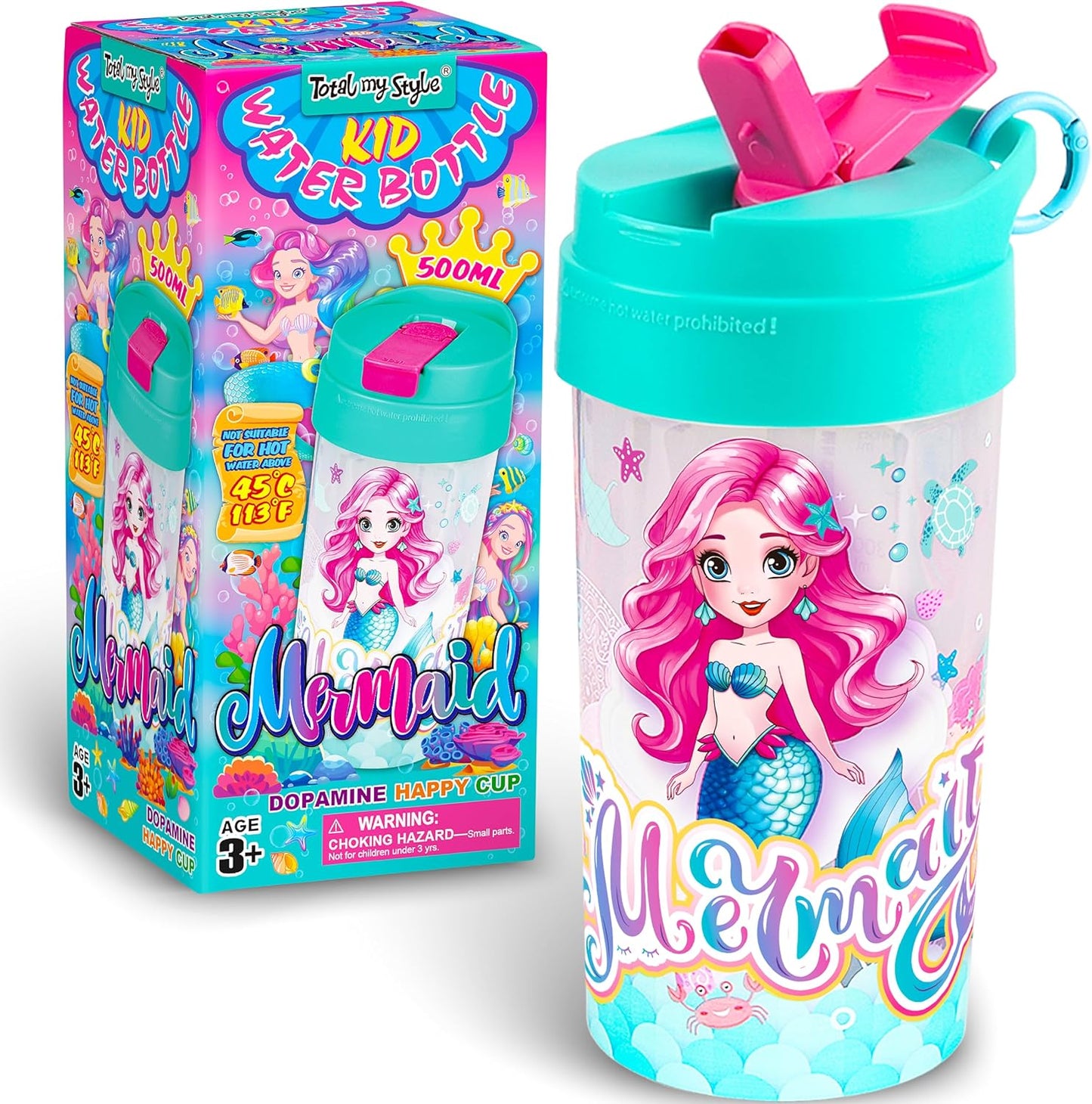 Total My Style Mermaid Kids Water Bottle - 17oz Leak-Proof Design with Spout Cover & Carry Handle | BPA-Free, Dishwasher Safe for Ages 3+