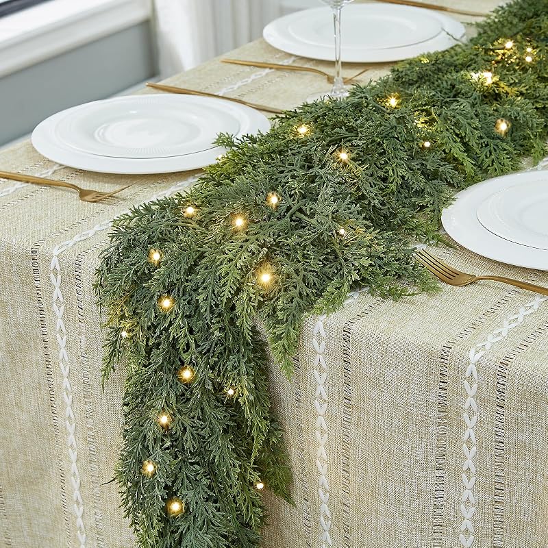 6FT 2PCS Extra Full Lighted Cedar Garland with LED Lights - 168 Branches, Realistic Two-Tone PE Foliage