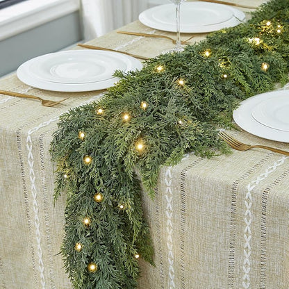 6FT 2PCS Extra Full Lighted Cedar Garland with LED Lights - 168 Branches, Realistic Two-Tone PE Foliage