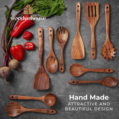 Skiennix Wooden Spoons - 10 Pc Teak Utensil Set, Durable, Nonstick & Heat Resistant with Ergonomic Handles
