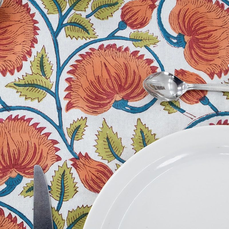 72x72 Inches Square Hand Block Printed Cotton Tablecloth - Red, Yellow Floral, Indian Table Linen