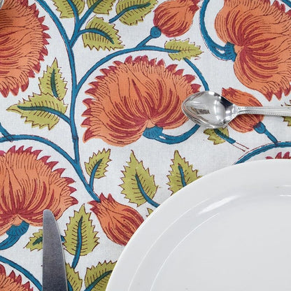 72x72 Inches Square Hand Block Printed Cotton Tablecloth - Red, Yellow Floral, Indian Table Linen
