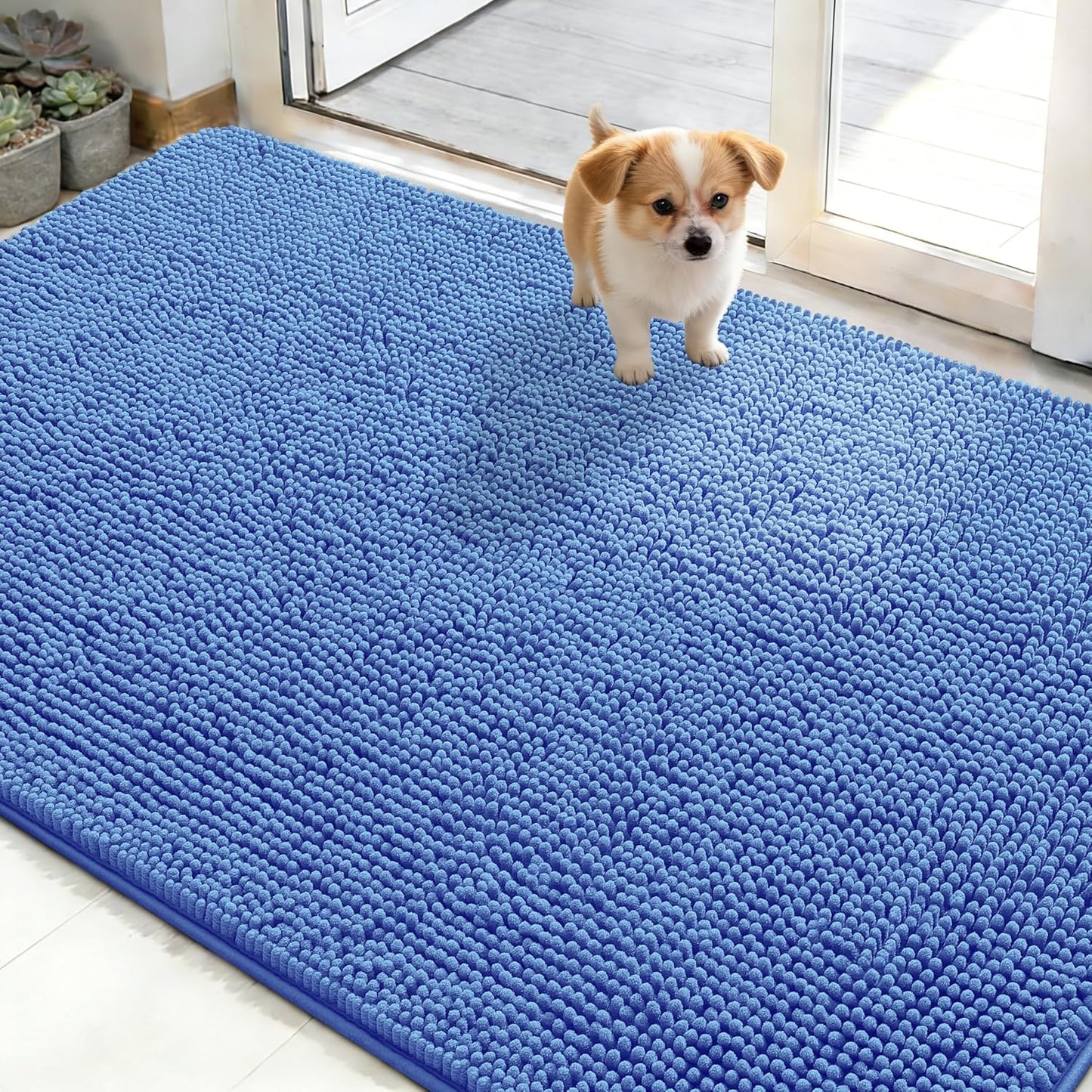 OLANLY Dog Door Mat - Absorbent Non-Slip Washable Doormat for Muddy Paws | 50x30 Cornflower Blue