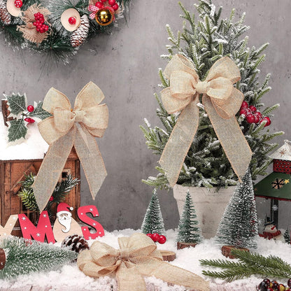 Xinnun Christmas Burlap Bows - Handmade Rustic Ribbon Ornaments for Tree & Wreath Decor | 6 Pcs Beige