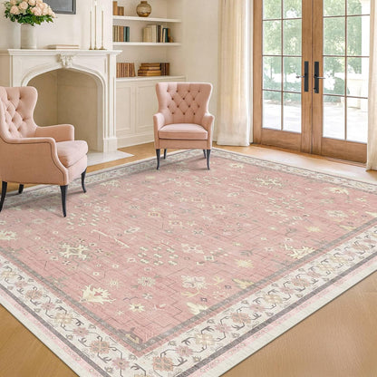 Regine Switzerland Blush Pink Girls Rug - Floral Nursery Area Rug 5x7, Machine Washable Non-Slip Play Mat