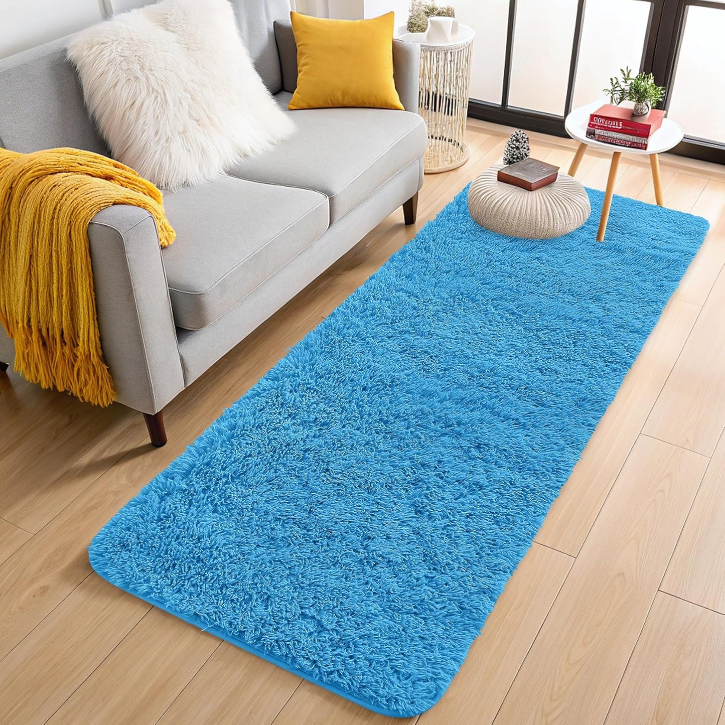OLANLY Machine Washable 2x6 Runner Rug - Soft Fluffy Shaggy Design for Bedroom & Hallway | Bright Blue Decor